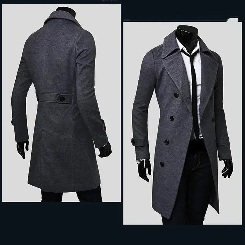 Men Double Breasted Trench Coat 2025 Autumn Winter Wool Blend High Quality Fashion Casual Slim Fit Solid Color Male Coat Jacket