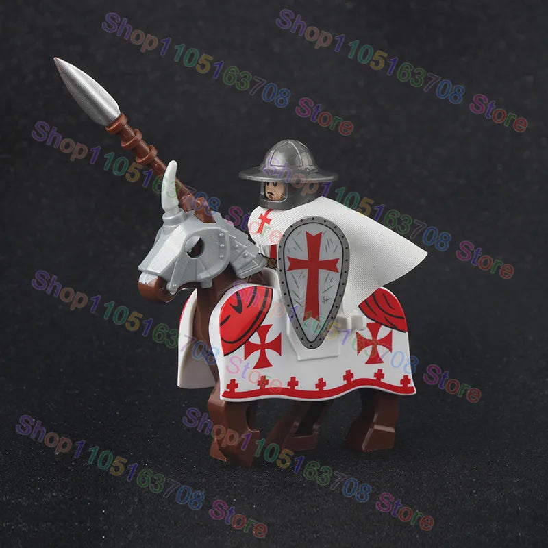 MOC Medieval Military Crusader Knight Building Blocks Castle Army Soldier Figure Horse Mount Shield Sword Accessories Bricks Toy