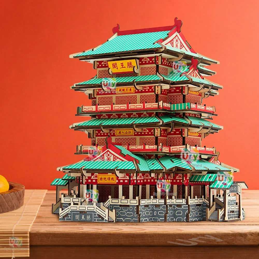 Ury 3D Wooden House Colorful Chinese Traditional Puzzle Building DIY Model Game Assembly Desktop Toy Gift for Adult