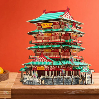Ury 3D Wooden House Colorful Chinese Traditional Puzzle Building DIY Model Game Assembly Desktop Toy Gift for Adult