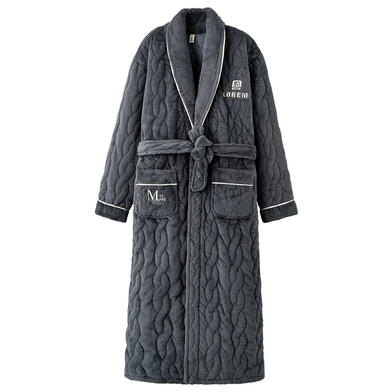 Luxury Coral Velvet 3 Layers Quilted Robes Male Thick Elegant Dressing Gown Warm Belted Bathrobe Winter Long Robe Men Bath Robe