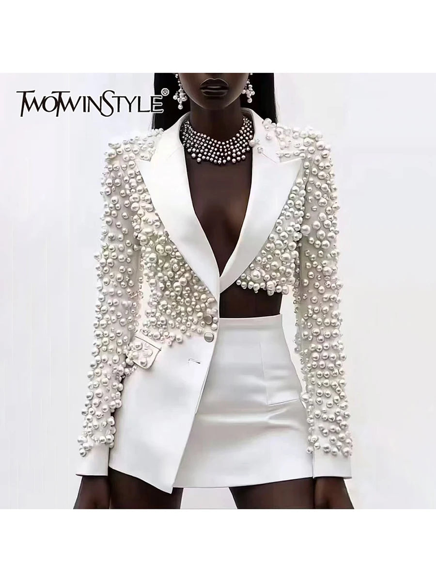 TWOTWINSTYLE Spliced Pearls Two Piece Set for Women Lapel Long Sleeve Irregular Top High Waist Mini Skirt Office Suit Female New