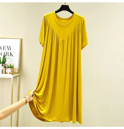 Loose plus Size Sp Dr Modal Women's Summer Thin Home Gown Skirt Sle round Ne ort Sve Long Dr Korean Sle