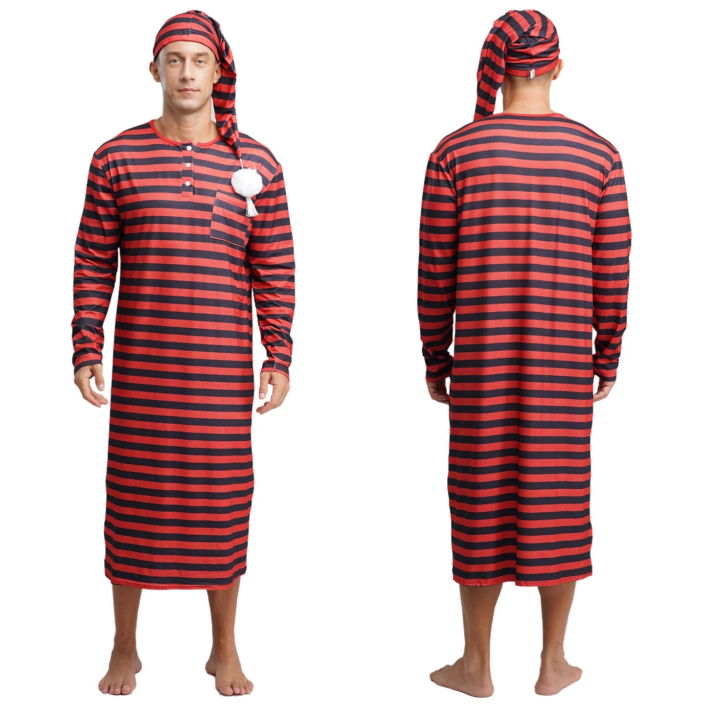 Mens Striped Long Sleeve Nightshirts Sleepwear Round Neck Loose Pajamas Robe Sleepshirt with Night Cap Christmas Loungewear