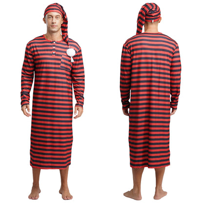 Mens Striped Long Sleeve Nightshirts Sleepwear Round Neck Loose Pajamas Robe Sleepshirt with Night Cap Christmas Loungewear
