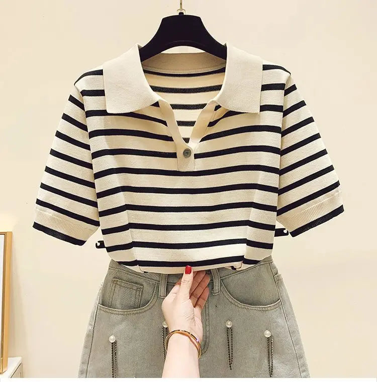 Loose Fit Ice Silk Knitted Short Sleeve T-Shirt Women's Summer Button up Top Slimming Striped  Neck Design plus Size