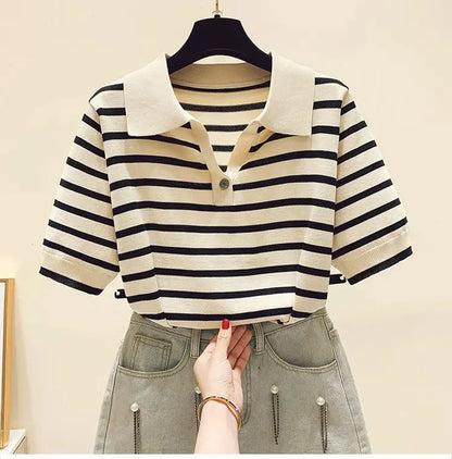 Loose Fit Ice Silk Knitted Short Sleeve T-Shirt Women's Summer Button up Top Slimming Striped  Neck Design plus Size