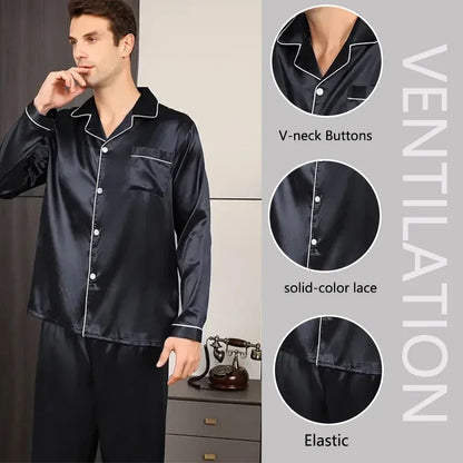New Plus Size Solid Color Long Sleeve Pajamas Men's Artificial Silk Sleepwear Student Loungewear Cardigan Lapel Nightwear Set