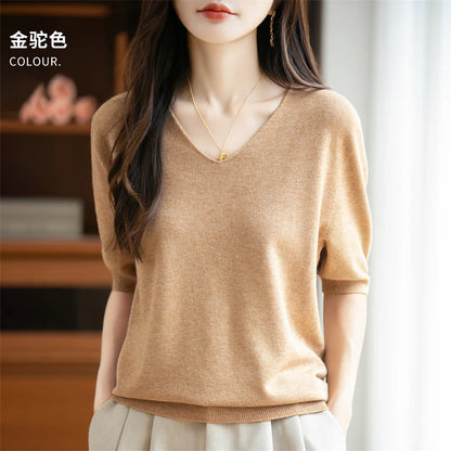 Thin Worsted Wool Short-Sleeved Women's Loose Round Neck T-shirt Printed Summer Fashion Knitted Bottoming Shirt Half-Sleeved