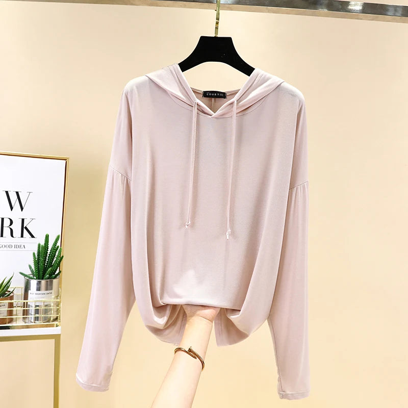 Spring Summer New Modal Long Sleeve Hoodie T-Shirt Women plus Size Loose Base Shirt Slimming Sun Protection Top Korean Style