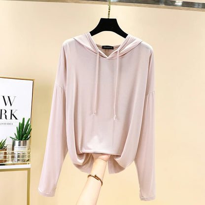 Spring Summer New Modal Long Sleeve Hoodie T-Shirt Women plus Size Loose Base Shirt Slimming Sun Protection Top Korean Style