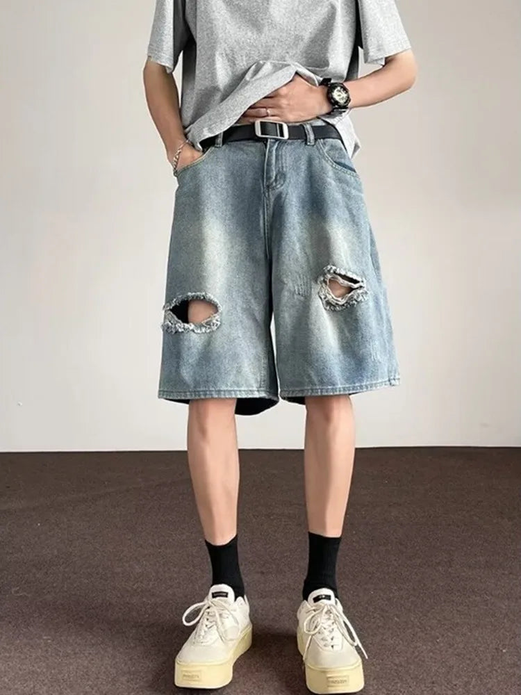 Vintage American High Street Washed Hole Denim Shorts Men's Summer Loose Straight Five-Point Pants Casual mid Waist Jeans