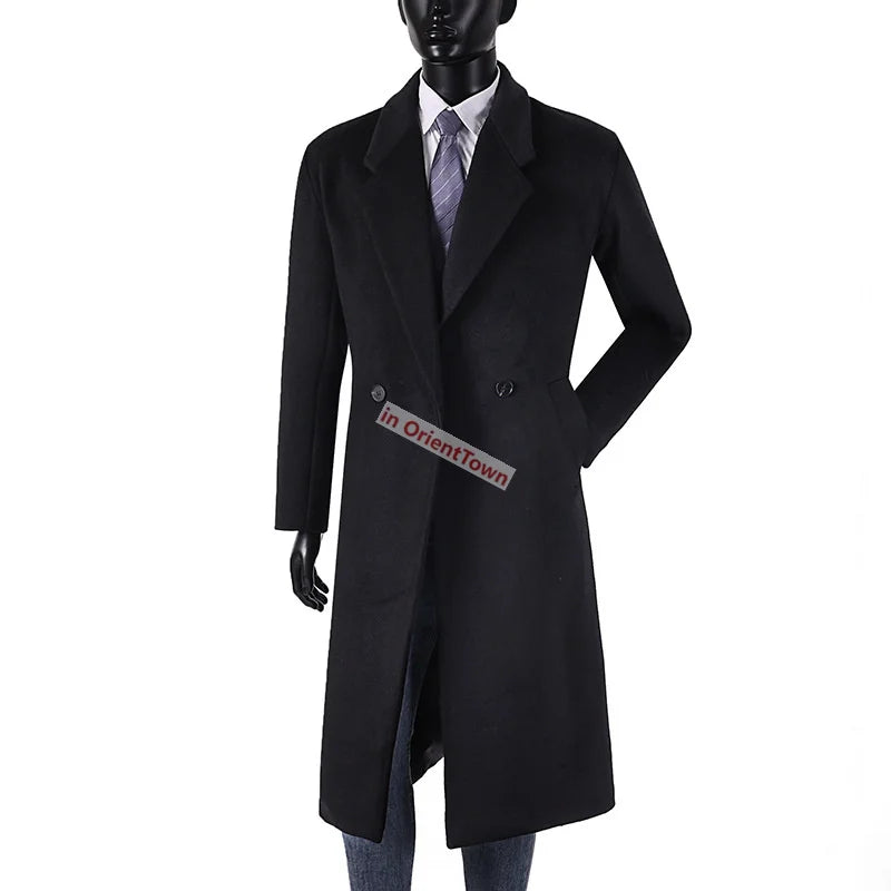 Extra Long British Trench Slim Fit Woolen Coat for 170 kg Men Elongated Handsome Over Knee Windbreaker Black Casual Thick Coat