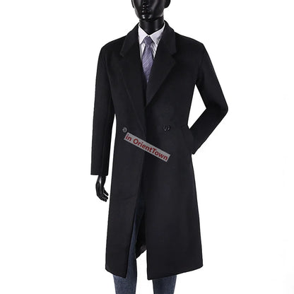 Extra Long British Trench Slim Fit Woolen Coat for 170 kg Men Elongated Handsome Over Knee Windbreaker Black Casual Thick Coat