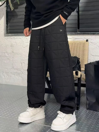 Warm Cotton Pants Men's Winter Fashion Straight Leg Thermal Trousers Thickened Flannel Drawstring Elastic Waist Casual Loose Fit