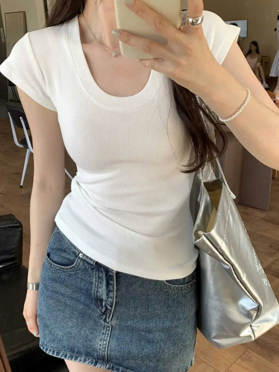 Slim Fit Short Sleeve U Neck Basic Style Women's T Shirt Summer Fashionable Cotton Blend Casual Top for Young Girls