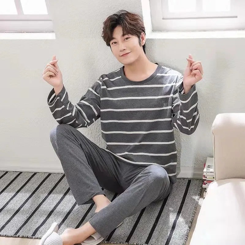 Men‘s Pajama Set Long Sleeve Black Striped Fall and Winter Youth Student Nightwear Loungewear Two Piece Set Sleepwear Homewear