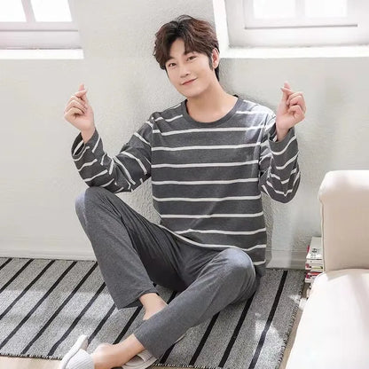 Men‘s Pajama Set Long Sleeve Black Striped Fall and Winter Youth Student Nightwear Loungewear Two Piece Set Sleepwear Homewear