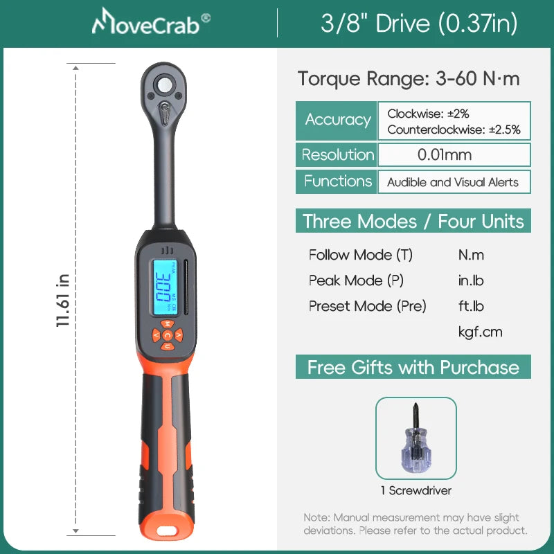 MOVECRAB Digital Torque Wrench 0.6-340N.m 2% Accuracy Preset & LED/Buzzer Alerts for Bike Motorcycles Automotive Mechanical Tool