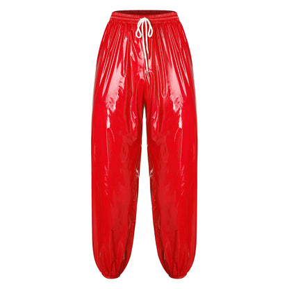 Mens Shiny Y2K Drawstring Jogging Pants Waterproof Elastic Waistband Side Pockets Track Baggy Glossy Pants Hip Hop Trousers