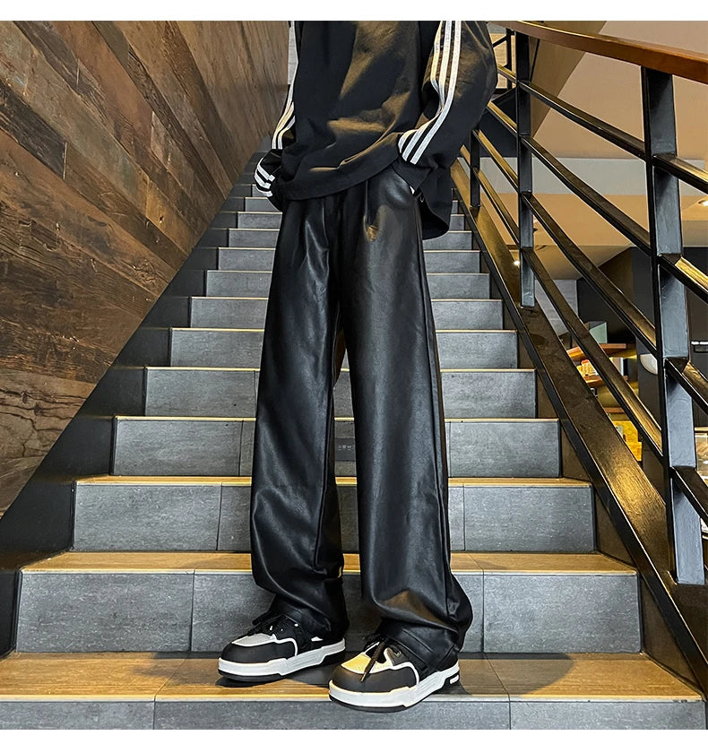2024 Men's PU Leather pants Fashion baggy Motorcycle Pants Men Wide-leg Mopping Trousers All-match Windproof Plus Size 8XL-M