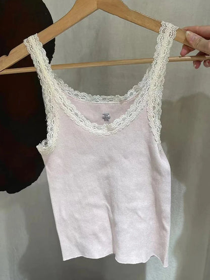 Vintage Lace Trim Blue Ribbed Camis Women New Casual Streetwear Slim Sexy Cotton Sleeveless Vests Sweet Cute Chic Tank Tops Y2K