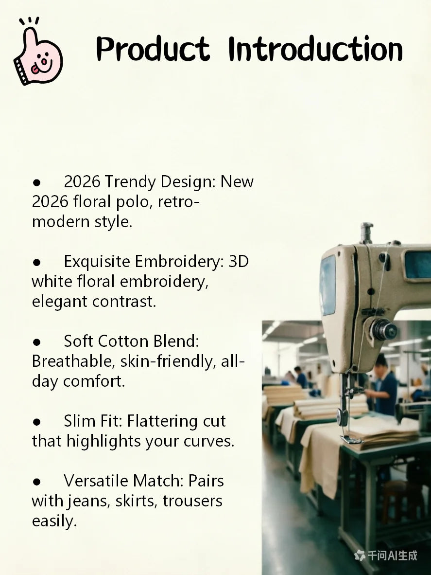 2026 New Arrival Women's Polo Shirt Chic Embroidered Floral Print Short Sleeve Casual Slim Fit Cotton Polo T-shirt