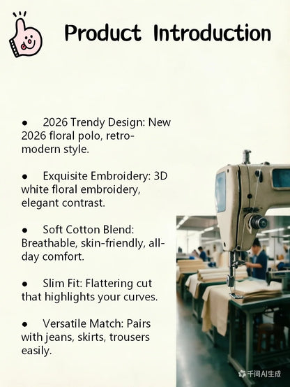 2026 New Arrival Women's Polo Shirt Chic Embroidered Floral Print Short Sleeve Casual Slim Fit Cotton Polo T-shirt