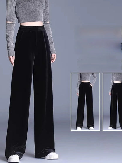 Slim Fit Velvet Wide Leg Pants Winter New Style plus Size Warm Fleece High Waist Elastic Korean Velvet Pants for Women