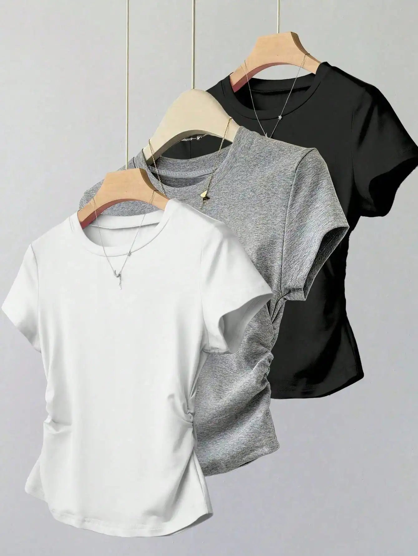 Women 3 Pack Solid Color T-Shirt Casual Ruched Side Crew Neck Short Sleeve Slim Fit Top Set