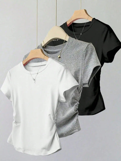 Women 3 Pack Solid Color T-Shirt Casual Ruched Side Crew Neck Short Sleeve Slim Fit Top Set
