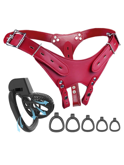 Secure Adjustable Male Chastity Harness Kit with Birdcage Cage - 5 Ring Sizes Black Penis Chastity Device for Long Term Wear, Co