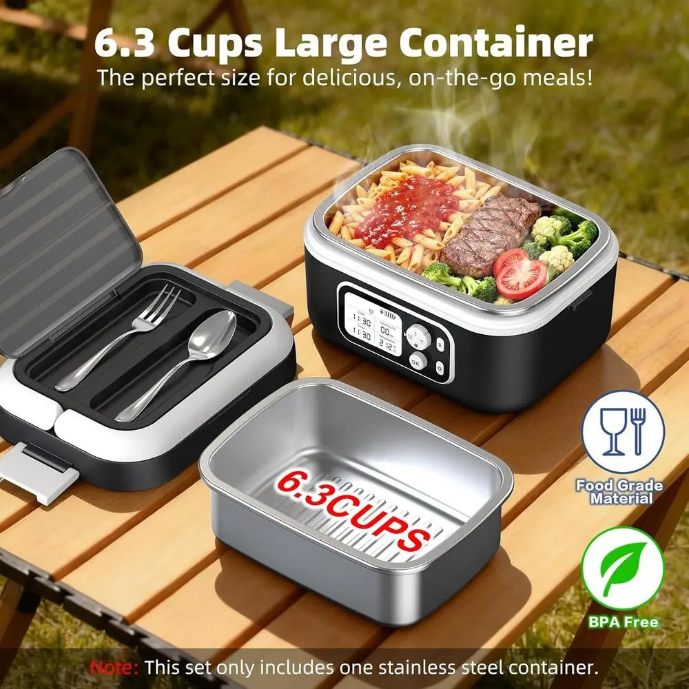 Portable Electric Lunch Box, 6.3 Cups, 100W, 24000mAh Battery, Self-Heating, Includes Cutlery, Insulated Bag & Divider for Adult