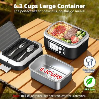 Portable Electric Lunch Box, 6.3 Cups, 100W, 24000mAh Battery, Self-Heating, Includes Cutlery, Insulated Bag & Divider for Adult