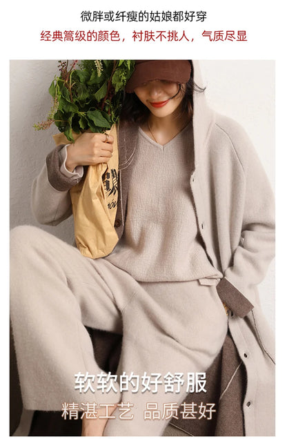 Women's 100% Cashmere Wide Leg Pants Knitted Thick Autumn/Winter Casual Solid Color Elastic Waistband Pockets