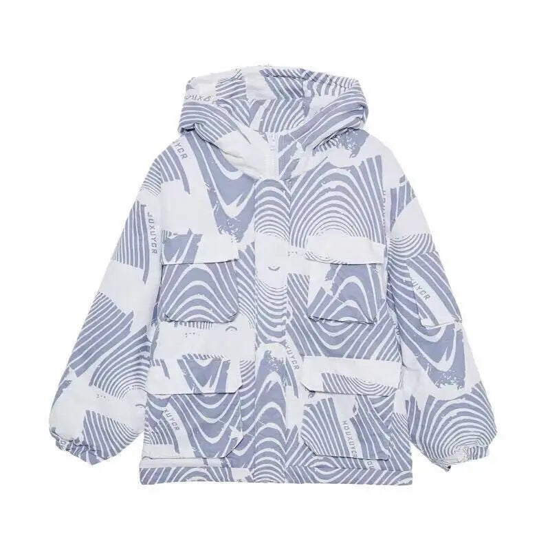 Trending on Instagram Winter Parka for Men Korean Loose Fit Cotton Coat with Traditional Chinese Blue White Print