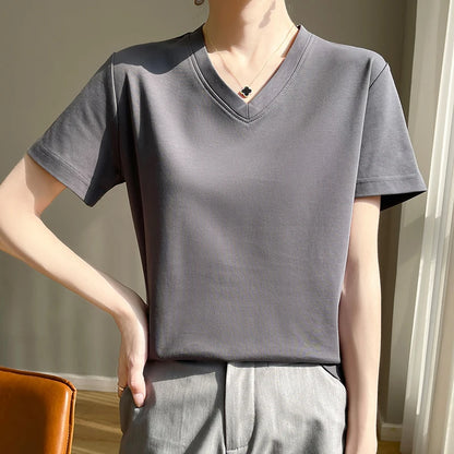 2026 Summer New Pure Cotton V-neck Short-sleeved T-shirt Women's Solid Color Joker Pullover Shirt with Loose Sleeve Bottom Shirt