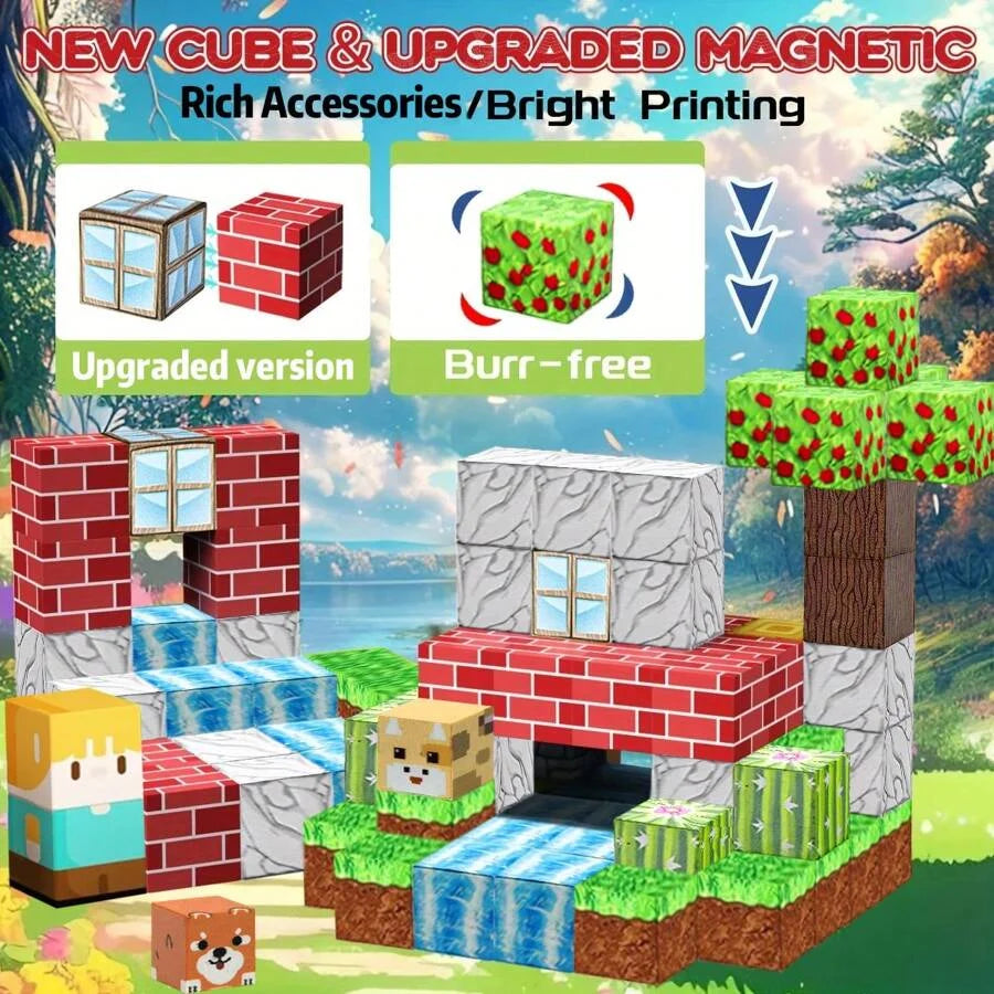 Magnetic Building Blocks Toy Mine World Stacking Create Forest House Architecture Cube Set Creativity Best Gift for Boy Girl Kid