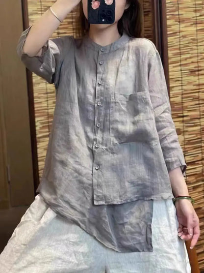 Summer Thin Retro Artistic Flax Stand Collar Seven Sleeve Loose Slimming Asymmetrical Top Women's Shirt Comfortable Breathable