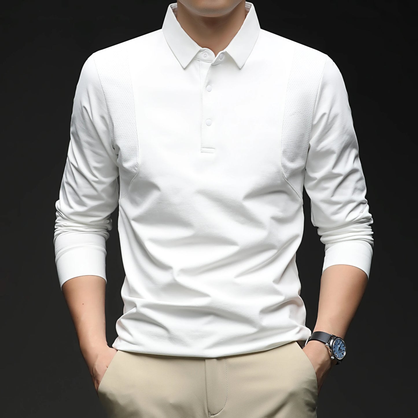 High-end 2026 New Polo Shirt for Men's Top Versatile Casual Business Style Solid Color Long-sleeved Lapel T-shirt Lapel  Shirt