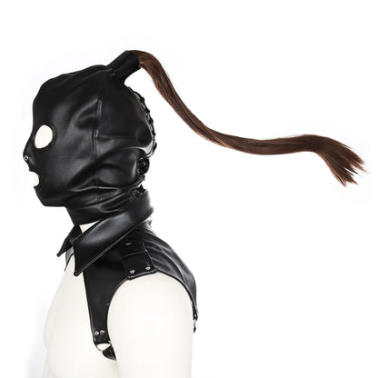 Professional Pony Play Mask with Hair Ponytail BDSM Bondage Hood Shoulder Harness Set Slave Role Play Fetish Gear Adult Toy