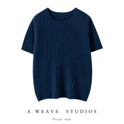 100% Pure Cashmere Fried Dough Twists Round Neck Solid Short Sleeve Women's High Quality Luxury Pullover Sweater Spring Autumn