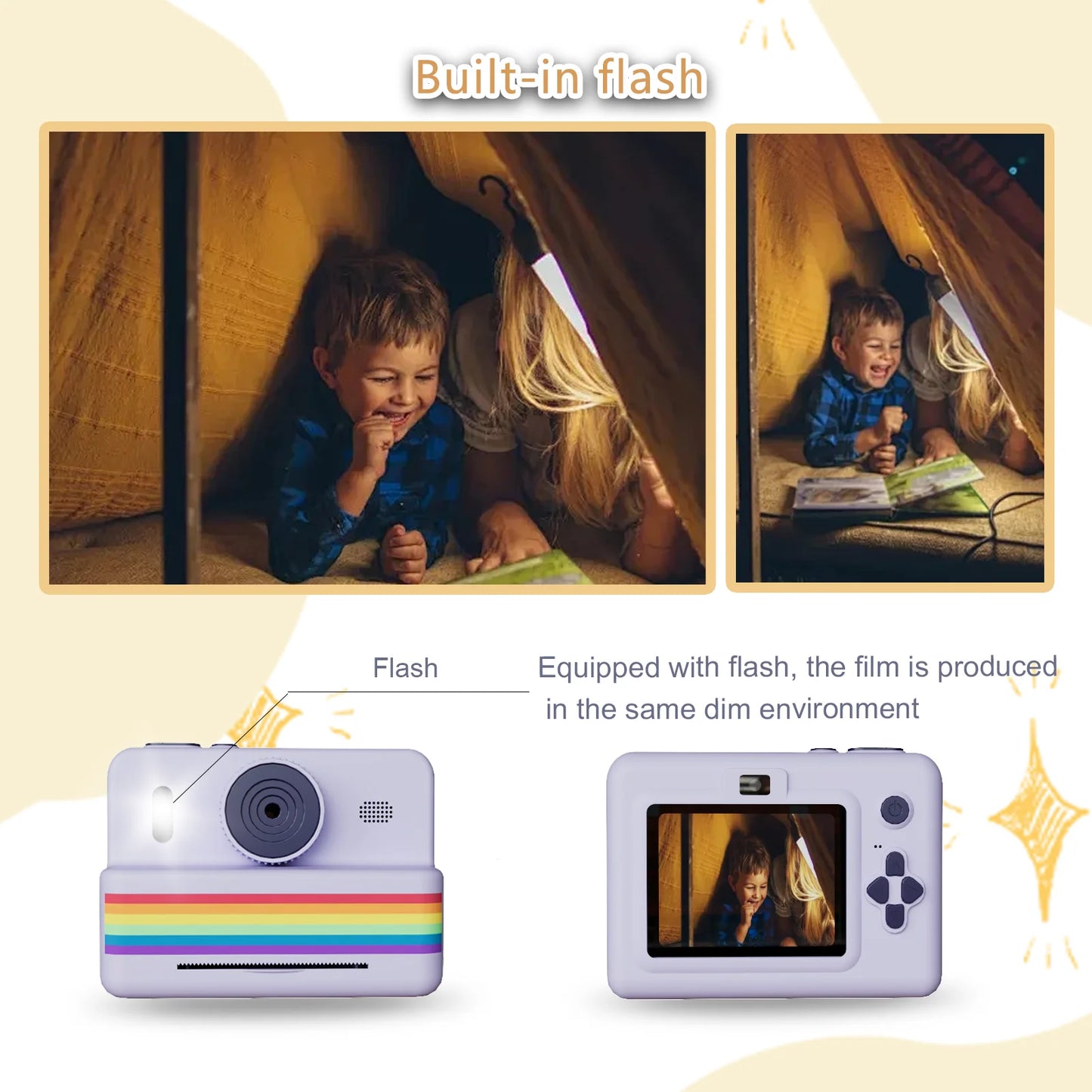 kids instants camera with 32GB memory card&color pencil, dual cameras, flashlight, the perfect gift for boys and girls.