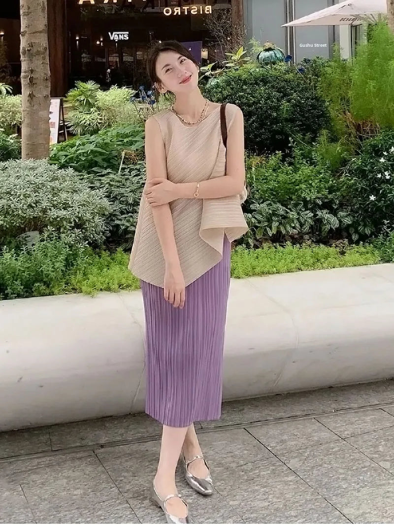 Unique Folded Design Sleeveless Top Set for Small Women Elegant Suitable Travel Wear Polyester Summer T-Shirt round Neck High...