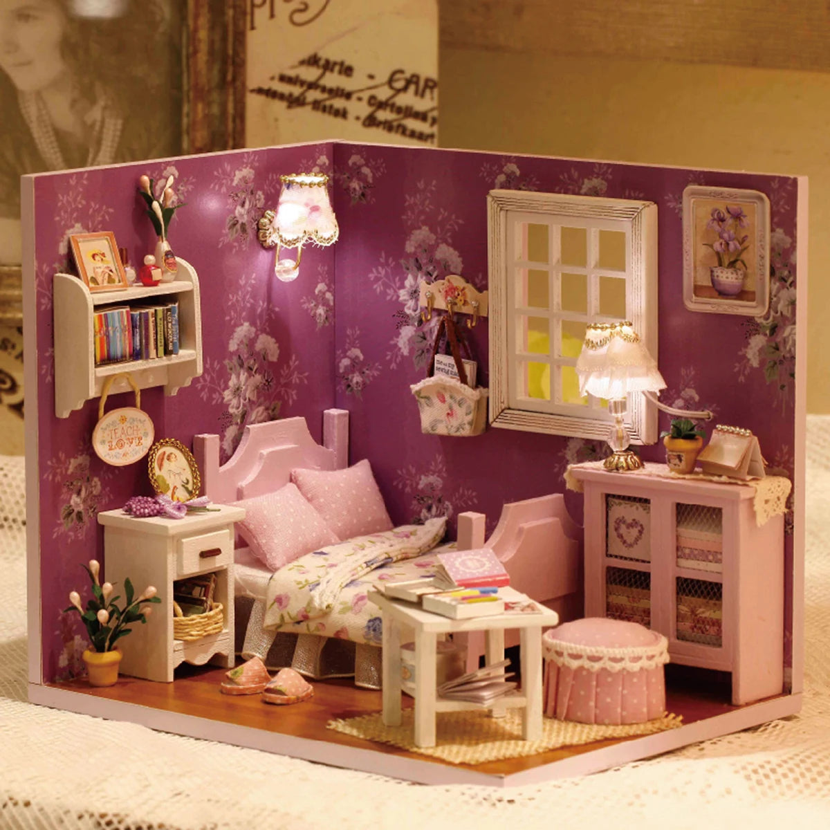 Sweet Sunshine Mini 3D Puzzle Assembly Model Dollhouse Kit DIY Handmade Toy Bookshelf Set, Wood Craft for Girls' Birthday Gift