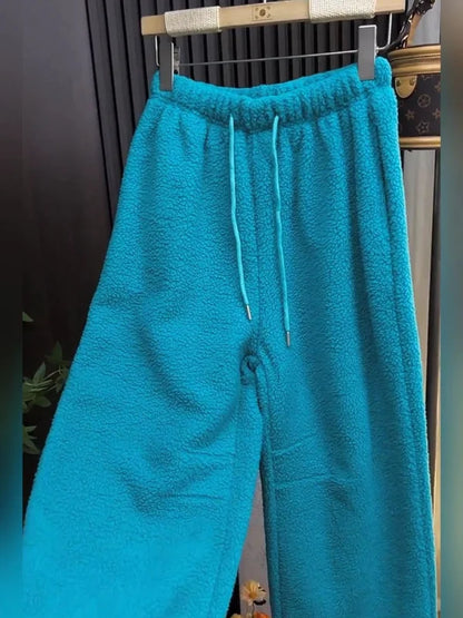 High-End Women's Thickened Fleece Drawstring Casual Pants Winter New Style Soft Drapey Warm Sweatpants Loose Wide Leg Trousers