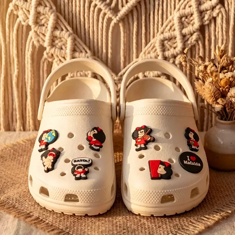 16-100pcs Anime Mafalda Shoe Charms Set Cartoon Shoes Accessories Decoration Buckle for Bubble Slides Clog Sandals Kids Gifts