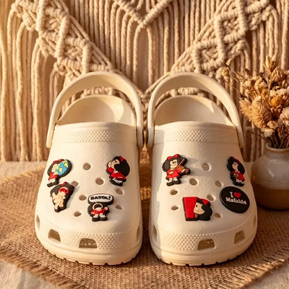 16-100pcs Anime Mafalda Shoe Charms Set Cartoon Shoes Accessories Decoration Buckle for Bubble Slides Clog Sandals Kids Gifts
