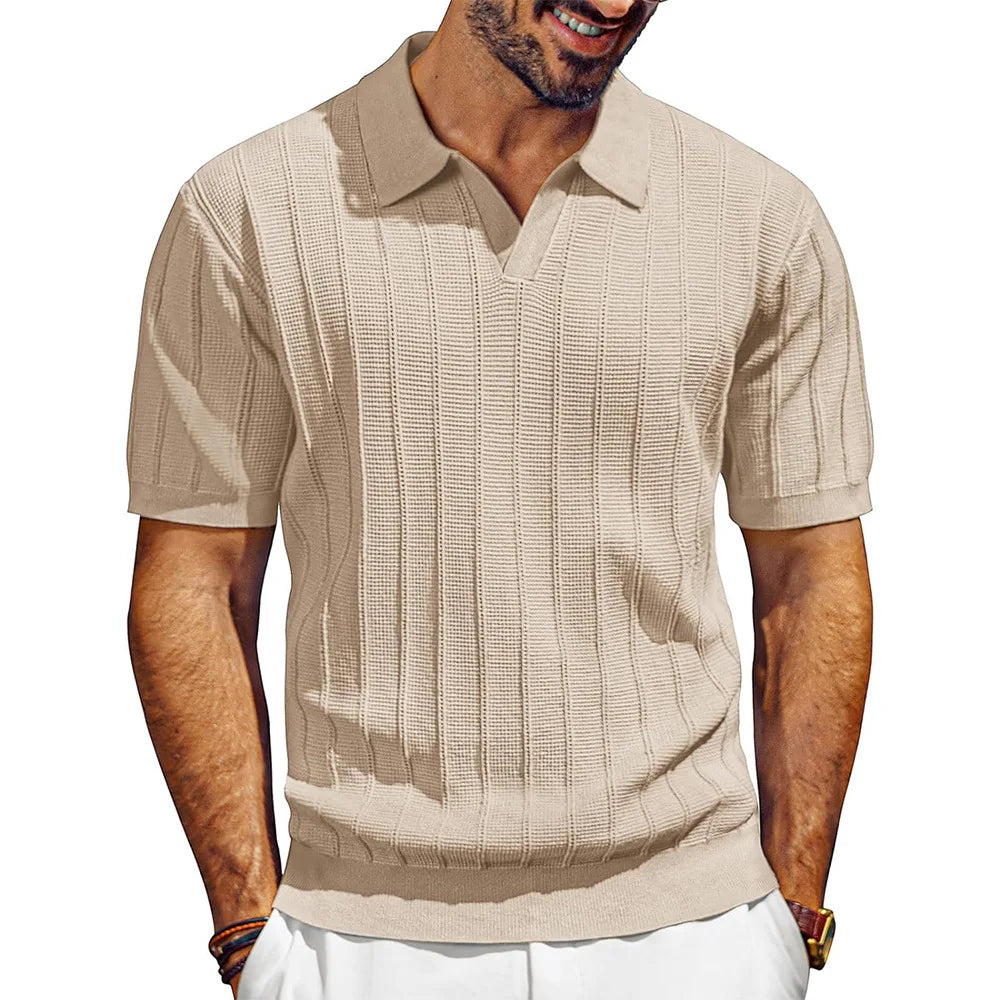 Men's Knit Polo Shirt Short Sleeve V Neck Ribbed Casual Summer Top 2026