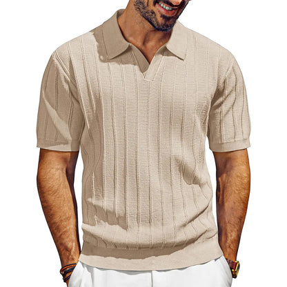 Men's Knit Polo Shirt Short Sleeve V Neck Ribbed Casual Summer Top 2026